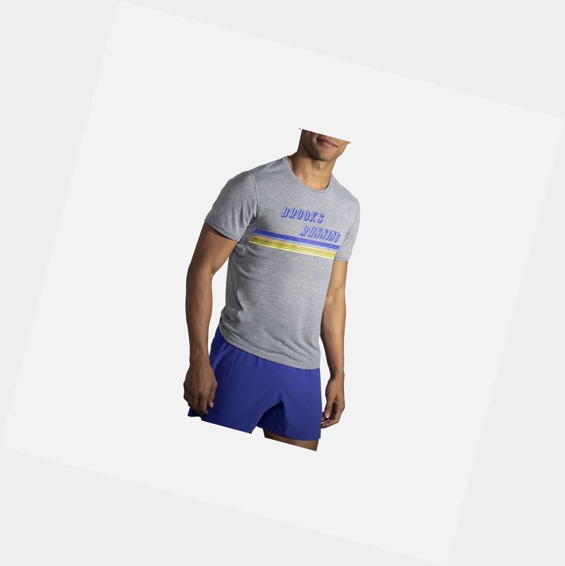 Tops Brooks Distance Estampadas Sleeve Hombre Heather Ash / Stripe | IWF814352