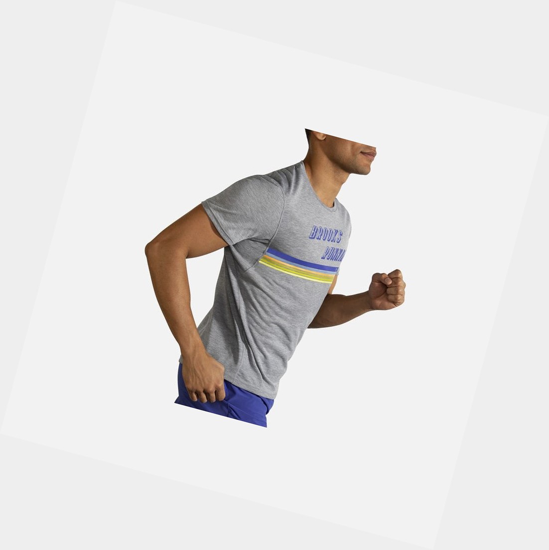 Tops Brooks Distance Estampadas Sleeve Hombre Heather Ash / Stripe | IWF814352